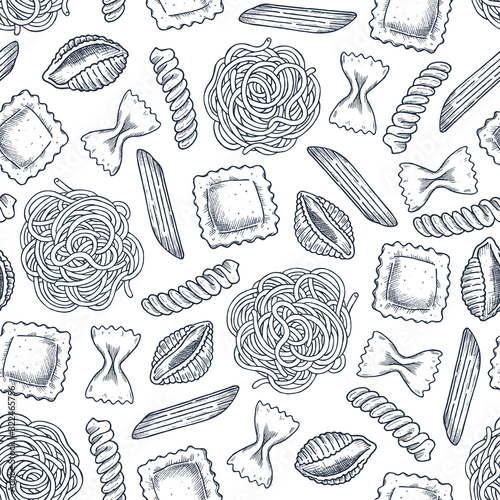 Various pasta seamless pattern. Engraved style illustration. Different kind of classic pasta. Vector illustration