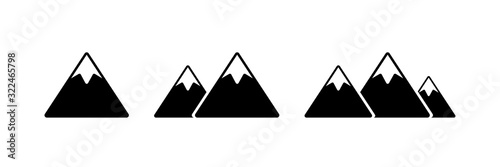 Mountain vector set of icons. Vector isolated black flat icons. Set of black mount symbols. Mountain landscape tourism signs.