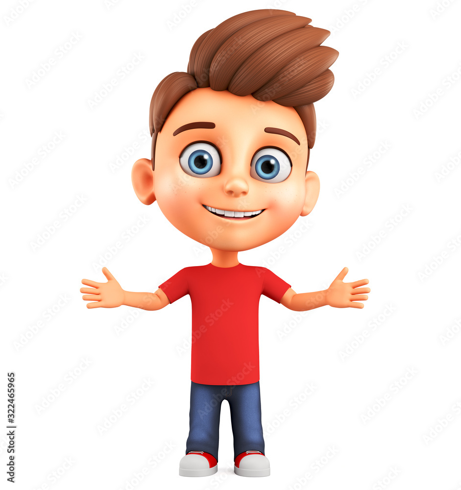 3d render illustration. Funny cartoon character little boy spread his arms  to the sides. Stock Illustration | Adobe Stock