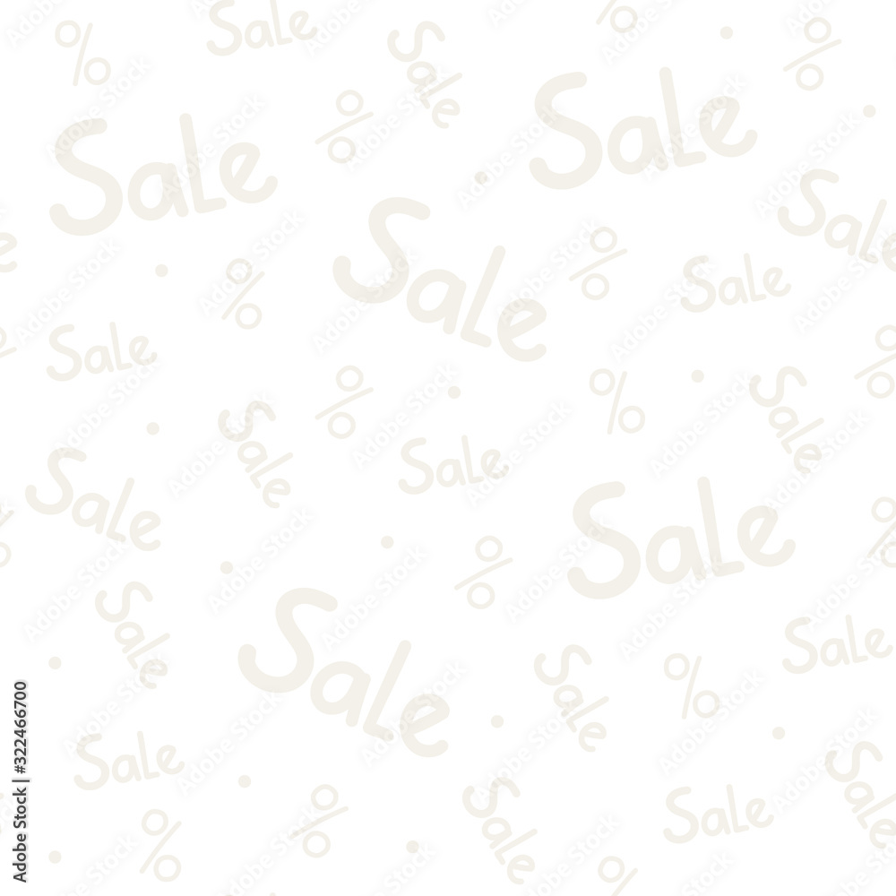 Doodle light seamless vector pattern. Wallpaper for seasonal sale at store, shop, mall. Hand drawn lettering and percent icon. Texture for packaging, press wall, tape, shopping bags. White background.