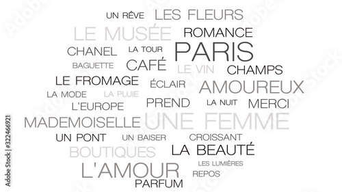 Paris sights moving animation, french grey mood loop and seamless travel word cloud. Main french words in french language - romantic and nice symbols of capital of France.