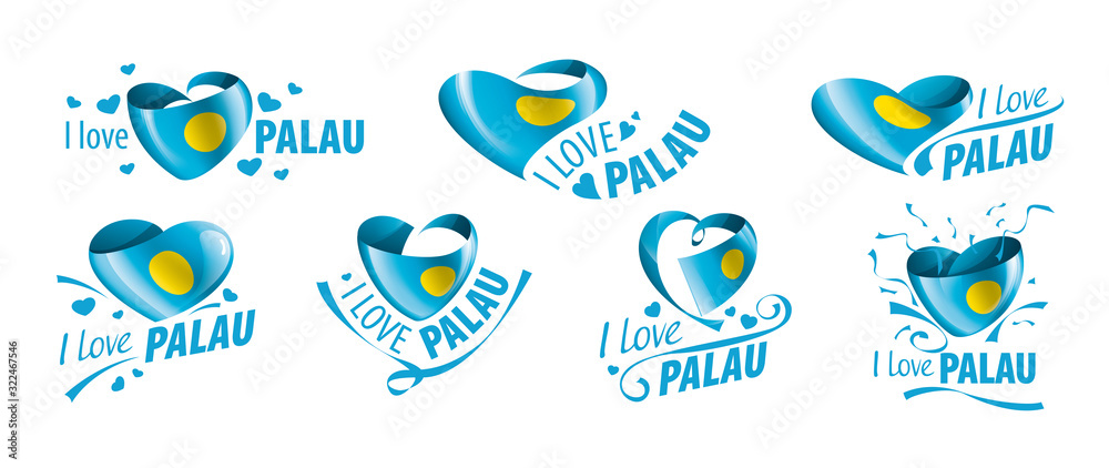 National flag of the Palau in the shape of a heart and the inscription I love Palau. Vector illustration