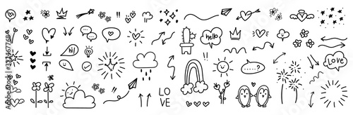 Fototapeta ładny ręcznie rysowane doodle wektor zestaw, miłość, naturalne, fajerwerk, chmura, pogoda, tęcza, śnieg, serce i kreatywny projekt wektor zbiory.