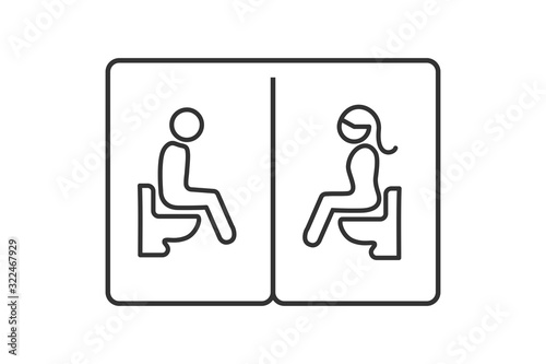 Toilet sign design. Black outline of man and woman sitting with water closet symbol isolated on white background, vector illustration