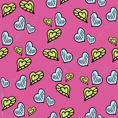 Seamless pattern with colorful hand drawn hearts on a pink background. It can be used for decoration of textile, paper and other surfaces.