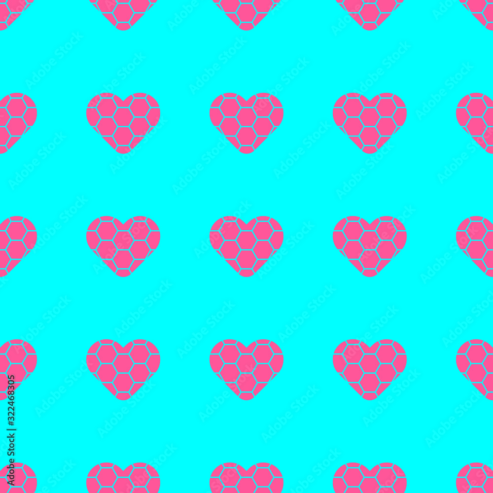Pink heart symbol repeat pattern isolated on blue background. Football pattern in heart sign vector.