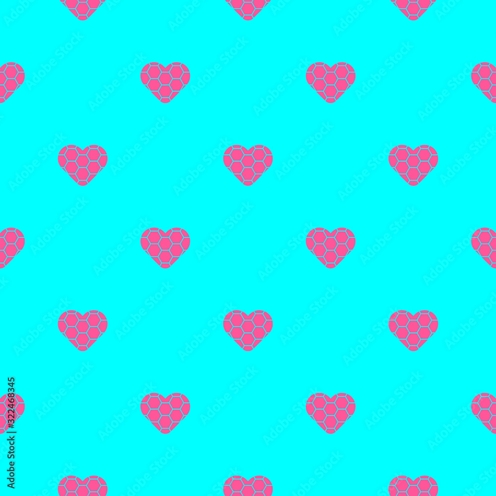 Pink heart symbol repeat pattern isolated on blue background. Football pattern in heart sign vector.