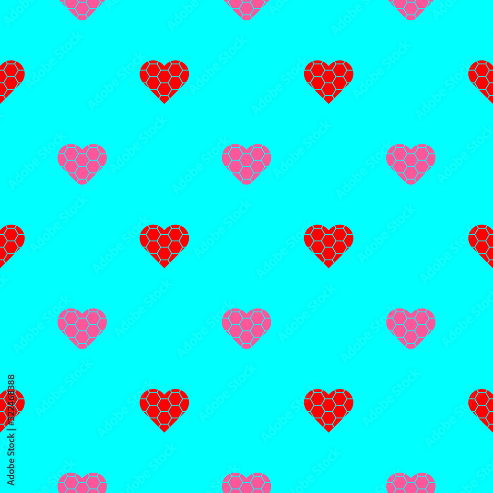 Red and pink heart symbol repeat pattern isolated on blue background. Football pattern in heart sign vector.