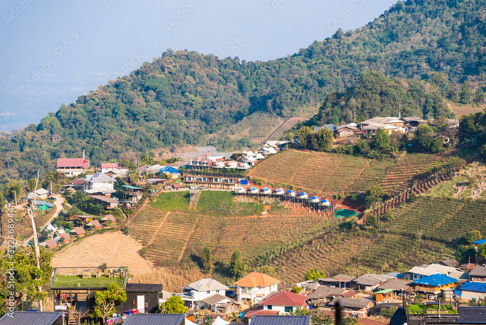 Fototapeta premium Chiang Mai , Thailand - January, 18, 2020 : Landscape of accommodation in the mountains from Doi Mon Jam in Chiang Mai and Tourist Attractions Northern of Thailand