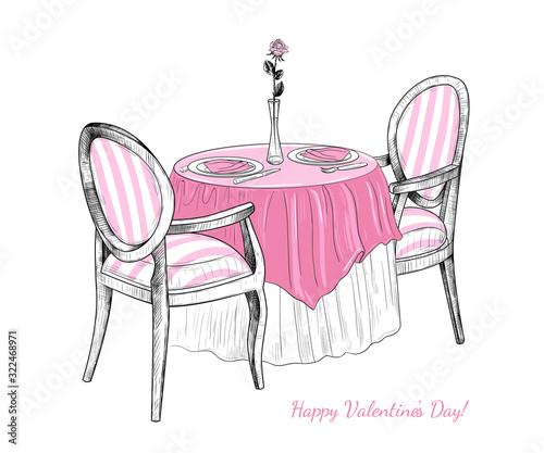 ..Vector illustration of a romantic dinner on Valentine's Day.Two armchairs,round table with a tablecloth,cutlery and a vase with a rose.Color sketch, vintage.