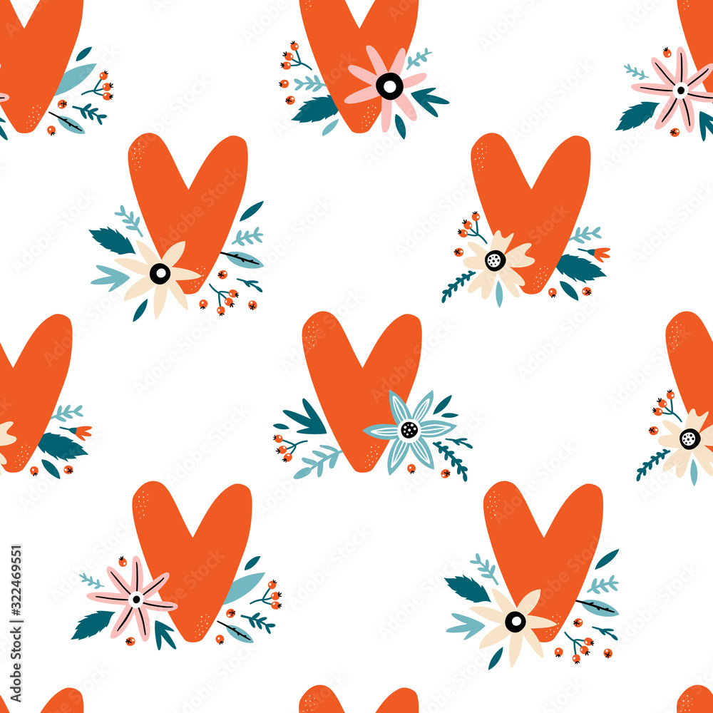 Seamless floral pattern with flowers, leaves and hearts. Romantic background for wedding or Valentines day decor.