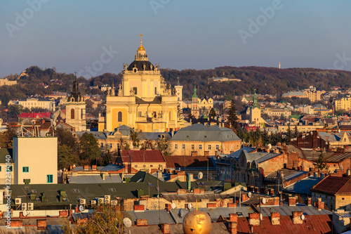 Aerial view of St. George's Cathedral and old town of Lviv in Ukraine. Lvov cityscape. View from bell tower of Church of Sts. Olha and Elizabeth