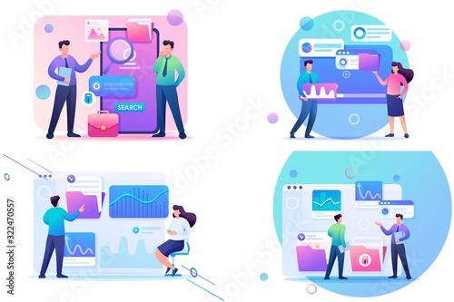 Set 2D Flat concepts young people using mobile apps for gadgets. For Concept for web design