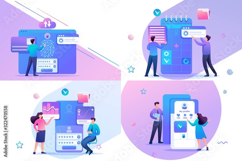 Set 2D Flat concepts Young people use apps for their smartphones and tablets. For Concept for web design