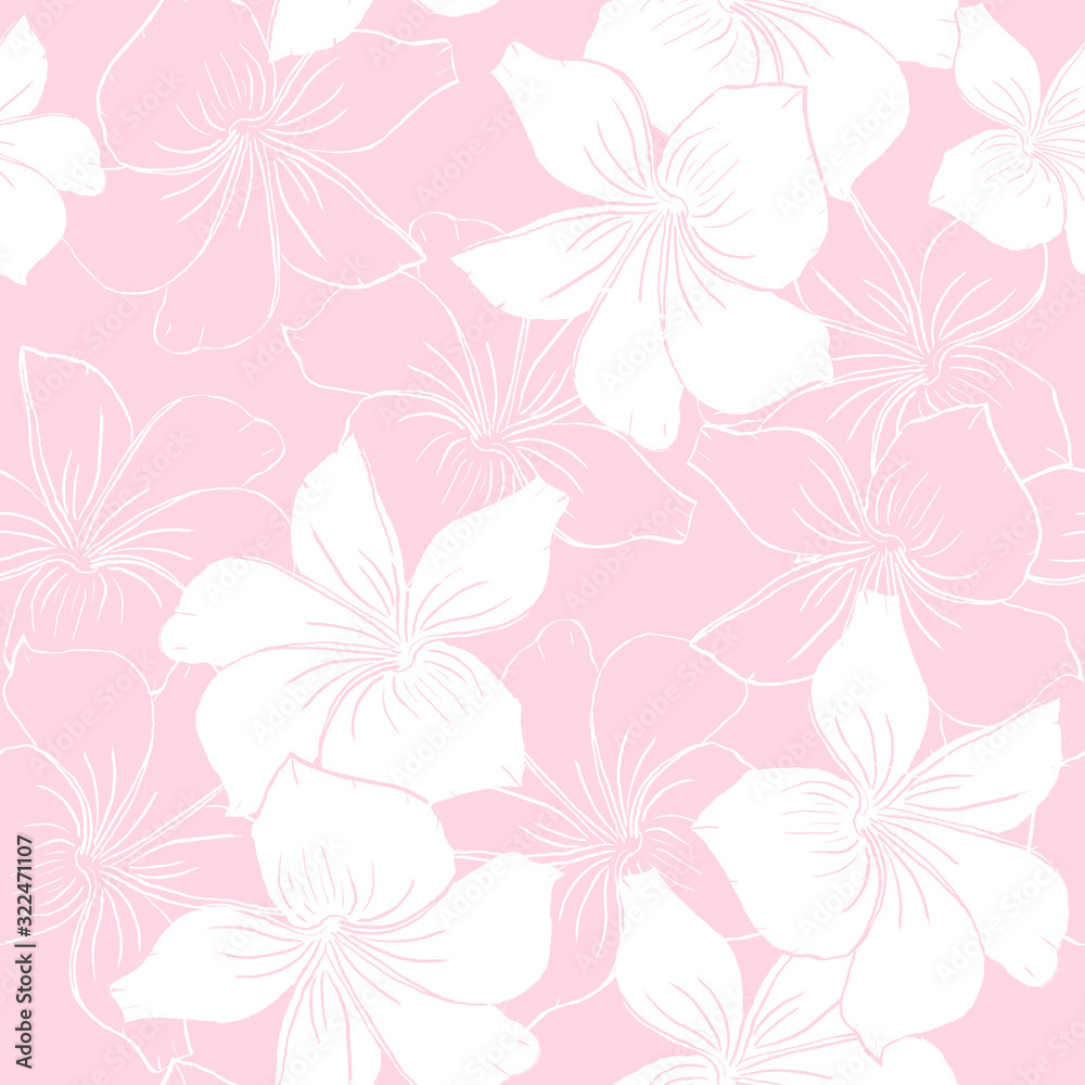  Floral seamless pattern in delicate colors, white flowers on a pink background, spring print with plumeria flower.