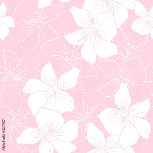  Floral seamless pattern in delicate colors, white flowers on a pink background, spring print with plumeria flower.