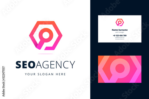 Logo and business card template for seo agency. Magnifying glass sign in a hexagon in origami, line style. Vector illustration for search engine optimization business and marketing.