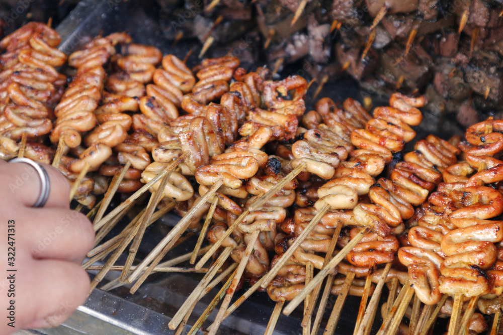 Assorted grilled pork innards such as intestine, liver, gizzard and blood in barbecue sticks