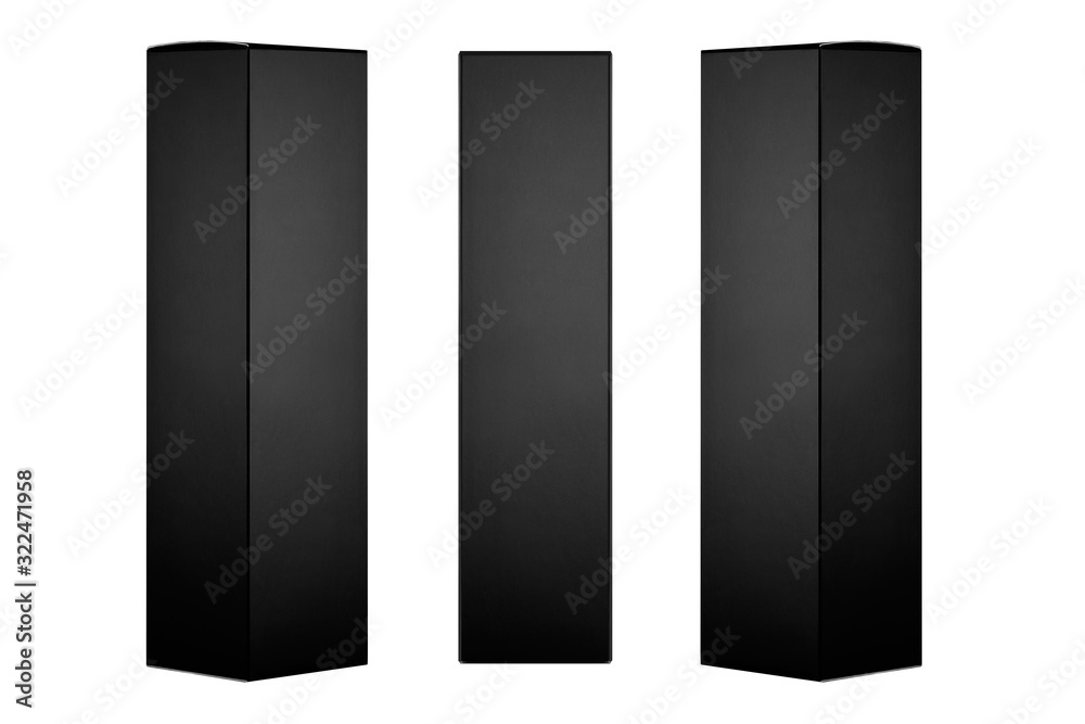 Collection of rectangle tall black paper boxes - side view, front view, isolated, mock up of packing, branding product, advertising, presentation, design. Collection of rectangle tall black paper boxes - side view, front view, isolated, mock up of packing, branding product, advertising, presentation, design.
