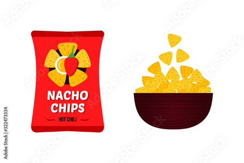 Vector illustration, icons of tortilla chips, nacho chips in bright red package and in big wooden bowl. 