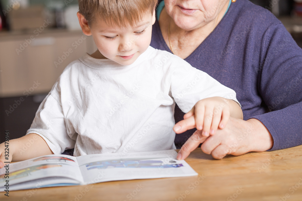 Portrait of beautiful mature woman (80 years old) with her great-grandson at home, reading educational book together Portrait of beautiful mature woman (80 years old) with her great-grandson at home, reading educational book together