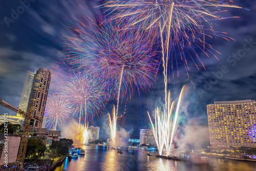 Photography firework for New Year 2020 celebration on Chao Phraya River at IconSiam Bangkok, Thailand