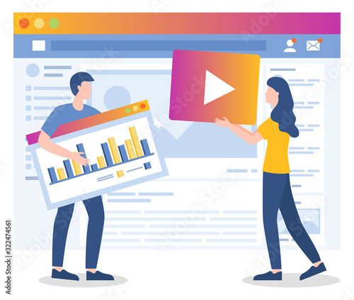 Man and woman stand with statistics board. Media marketing use platforms and websites to promote product or service. People work together on promotion of social networks. Vector illustration in flat