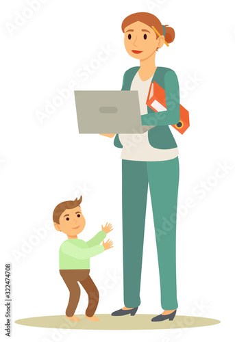 Business woman holding laptop and document standing near little boy. Mother worker communicating with computer near son character. Kid wanting to mom which working with pc wireless device vector