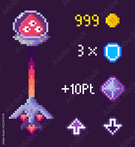 Ufo and spaceship shooting, coins and crystals, arrows symbols, purple video-game in pixelated style, rocket and monster battle, pixel game vector. Slider with game result © robu_s