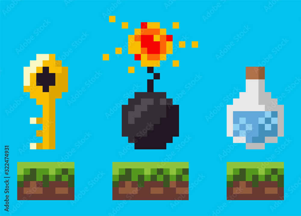 Treasure symbols on ground, key and bombshell, flask on grass, award sign of pixel adventure game, flask and detonation isolated on blue, map vector