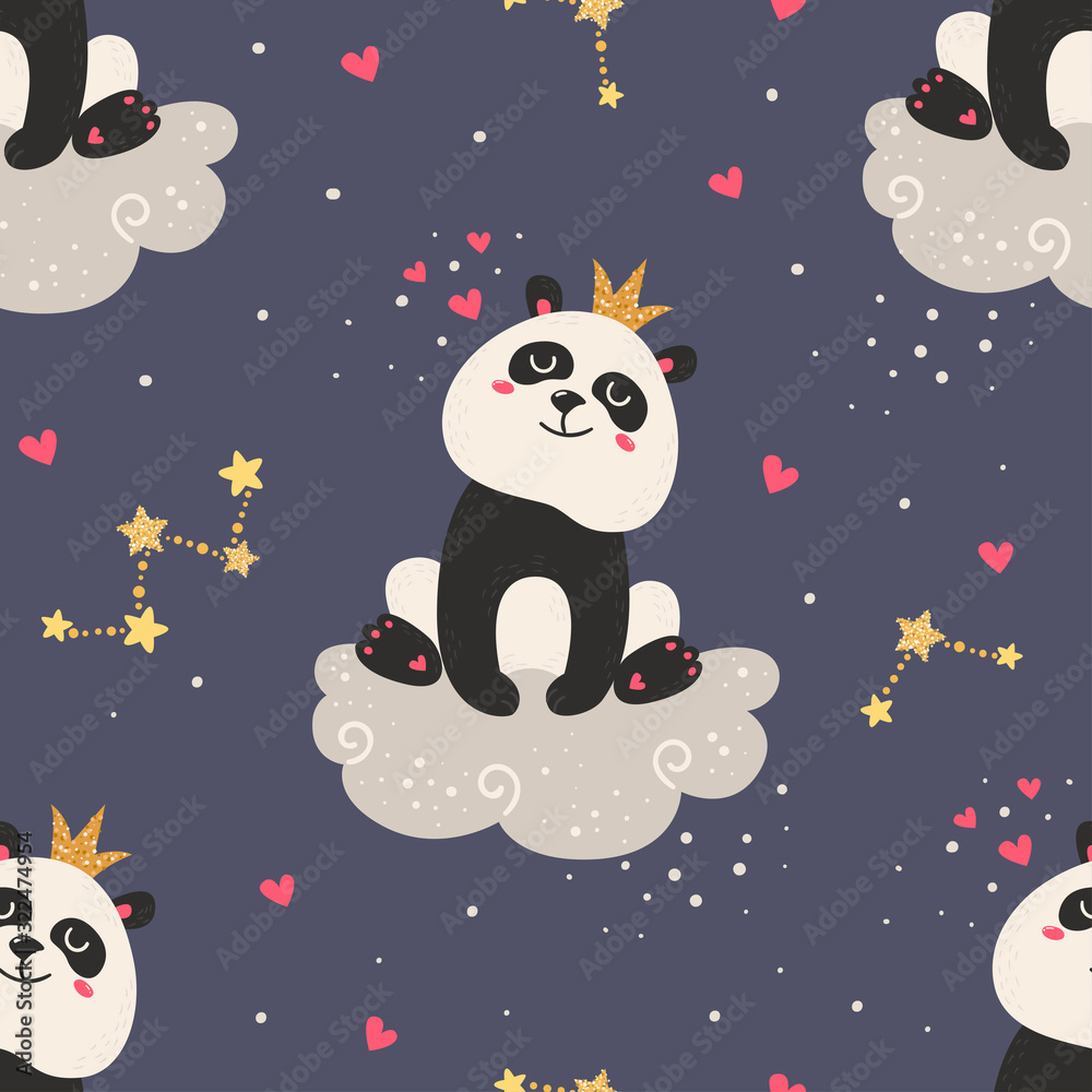 Seamless pattern with cute pandas.