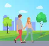 Teenagers holding hands cartoon people walking together in city park. Vector boy and girl side view, animated male and female characters in flat style
