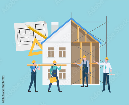 Builders character wearing helmets and holding instruments, portrait view of workers in suits, construction drawings, building technology, tools vector