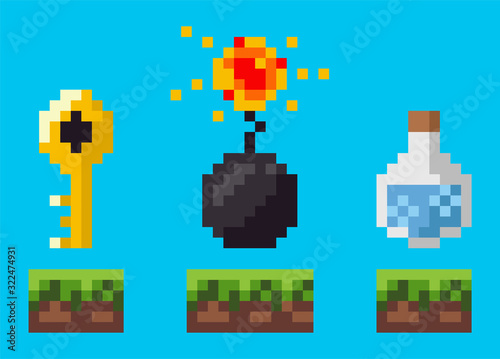 Treasure symbols on ground, key and bombshell, flask on grass, award sign of pixel adventure game, flask and detonation isolated on blue, map vector