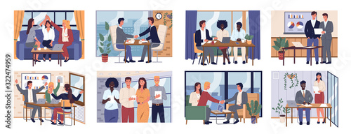 Office workers work in team synergy. People do strategy and working on project together. Managers talk about collaboration of companies. Symbol of teamwork, cooperation, partnership. Partner relations