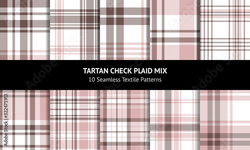 Plaid pattern set. Seamless tartan check plaid in brown, light pink, and white for spring or summer flannel shirt, poncho, blanket, or other modern textile design.