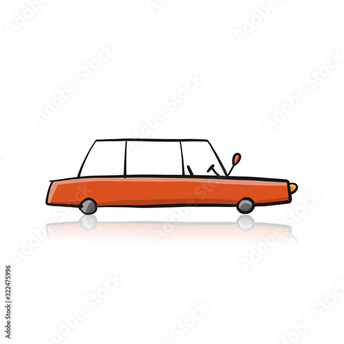 Retro red car, isolated on white. Sketch for your design