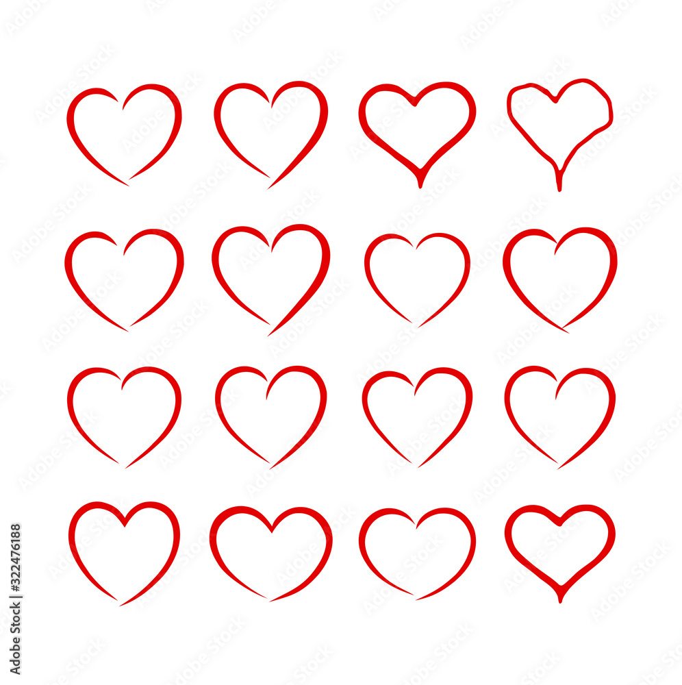 Vector red hearts drawing silhouette outline love symbol isolated on white background.Valentine's day decoration set elements.Heart stencil shape.Birthday and wedding icons.Sign of friendship.