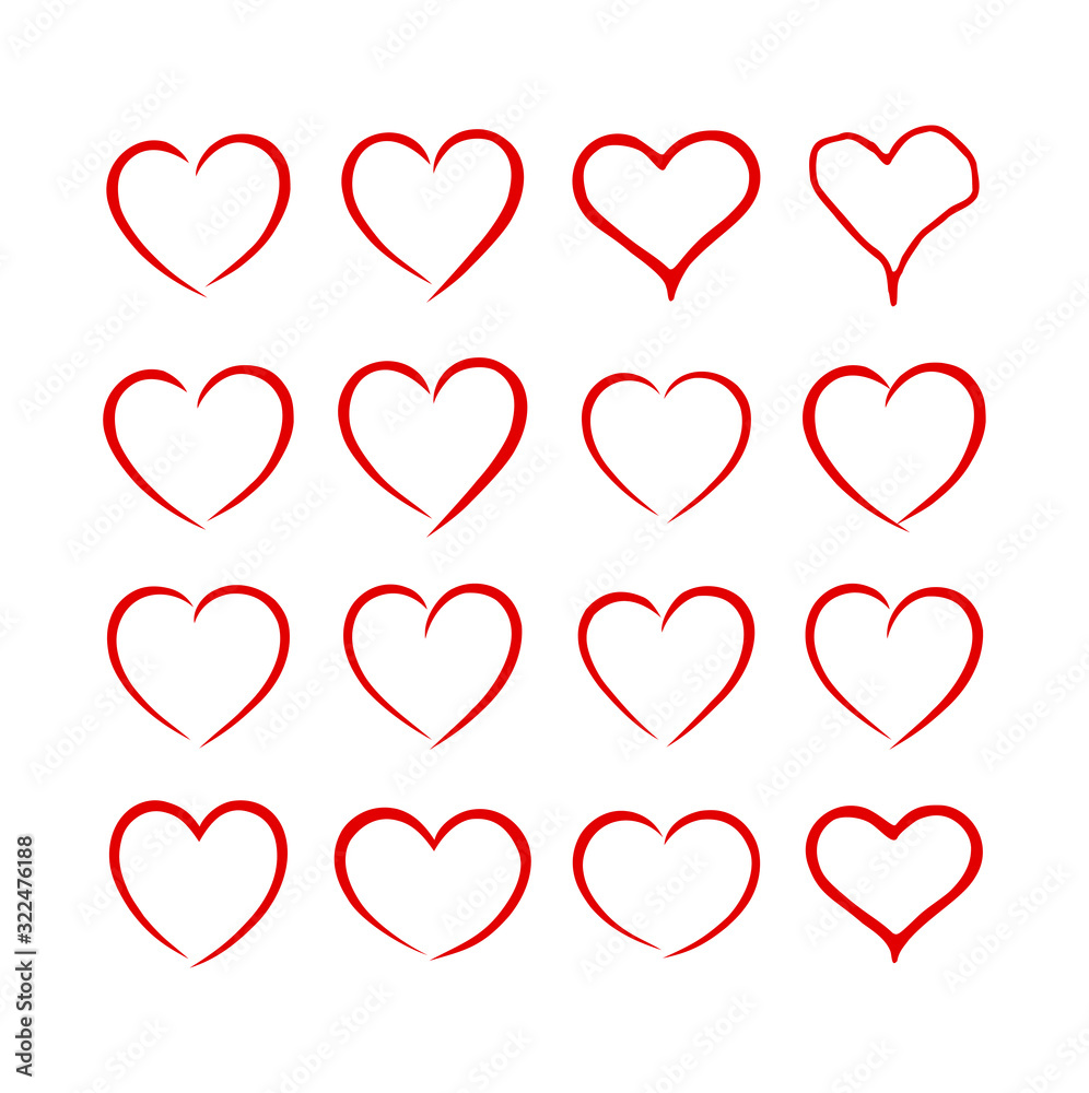 Vector red hearts drawing silhouette outline love symbol isolated on white background.Valentine's day decoration set elements.Heart stencil shape.Birthday and wedding icons.Sign of friendship. Vector red hearts drawing silhouette outline love symbol isolated on white background.Valentine's day decoration set elements.Heart stencil shape.Birthday and wedding icons.Sign of friendship.