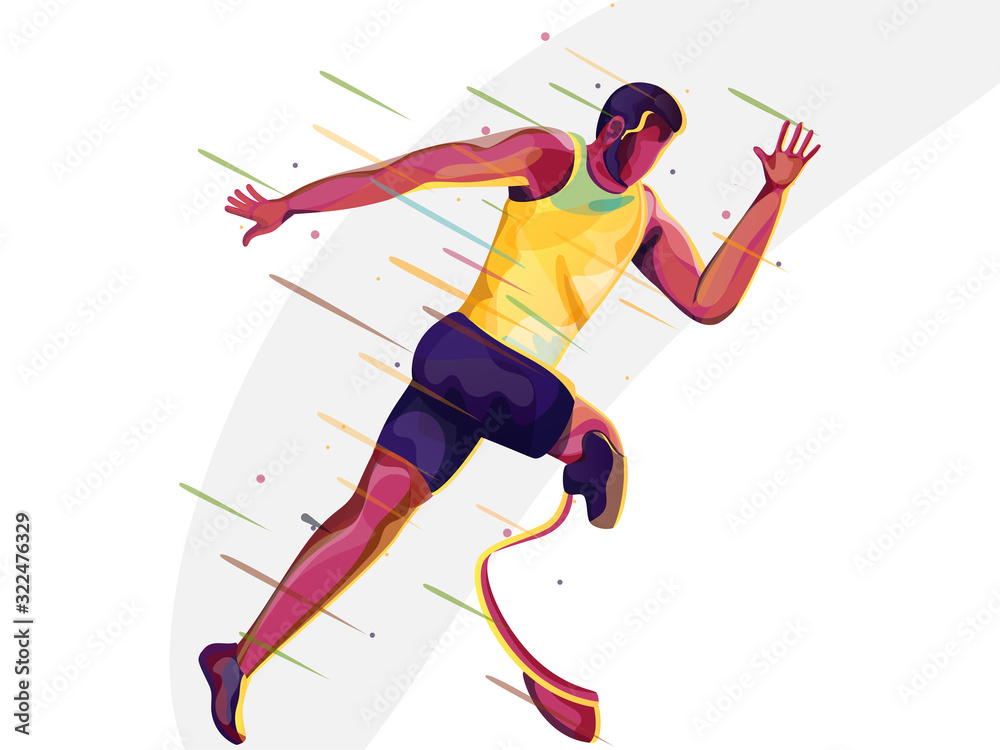 Faceless Disabled Man Running Fast and Abstract Rays on White Background.