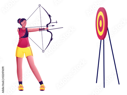 Disabled Young Girl Taking Aim From Bow Arrow in Dartboard on White Background.