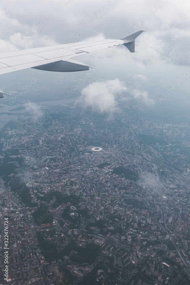 Fototapeta premium Kiev city with airplane window, Ukraine