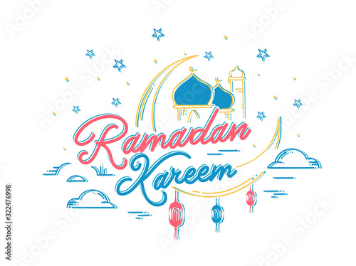 Calligraphy Ramadan Kareem Text with Crescent Moon, Mosque and hanging Arabic Lanterns Decorated on White Background.