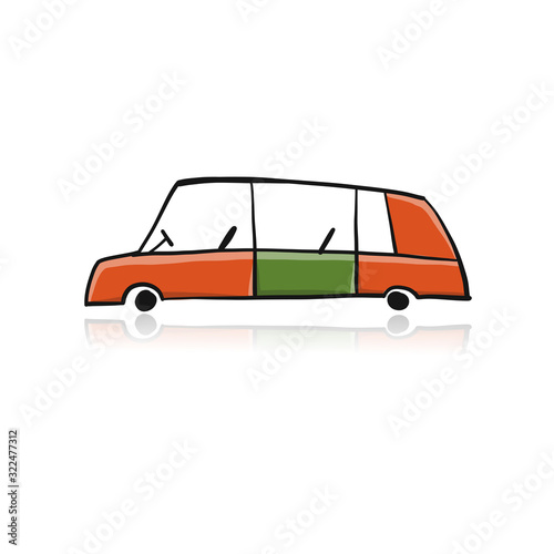 Retro red car, isolated on white. Sketch for your design