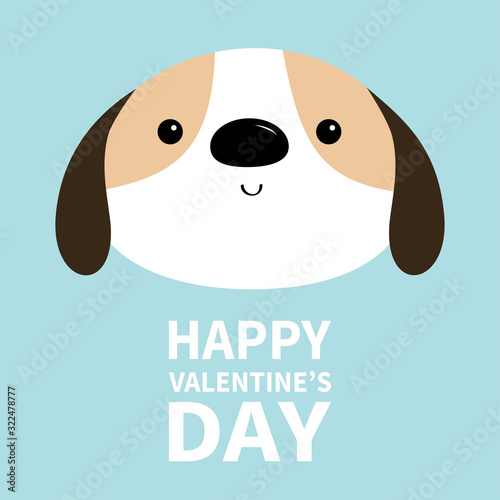 Happy Valentines Day. Dog face head round icon. White puppy pooch. Cute cartoon kawaii funny baby character. Flat design style. Help homeless animal . Adopt me. Pet adoption. Blue background.