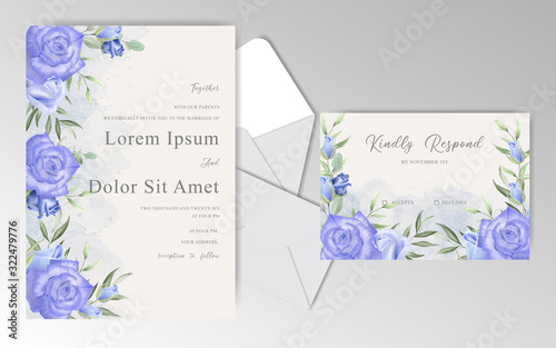 Watercolor Floral Wedding Invitation Cards with Navy Blue Roses and Leaves