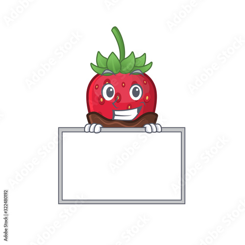 Chocolate strawberry cartoon design concept grinning with board