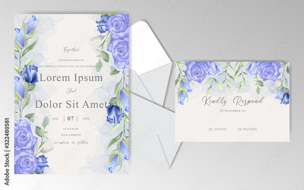 Watercolor Floral Wedding Invitation Cards with Navy Blue Roses and ...