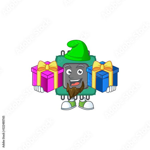 A charming RAM cartoon mascot style with two boxes of gifts