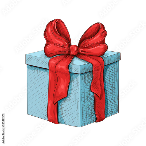 vintage gift box hand drawn. engraved present box illustration isolated on white background. gift icon with lush red bow and ribbon. wrapped gift sketch. Vector colorful line art. Silhouette of box